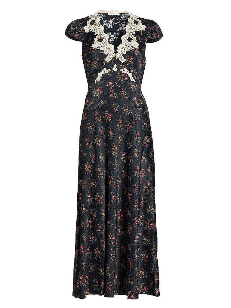 DÔEN Coraline Lace-Trim Floral Satin Midi-Dress