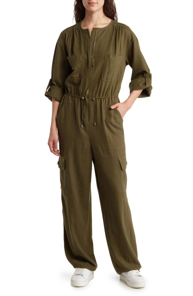 Max Studio Drawcord Waist Long Sleeve Cargo Jumpsuit 1