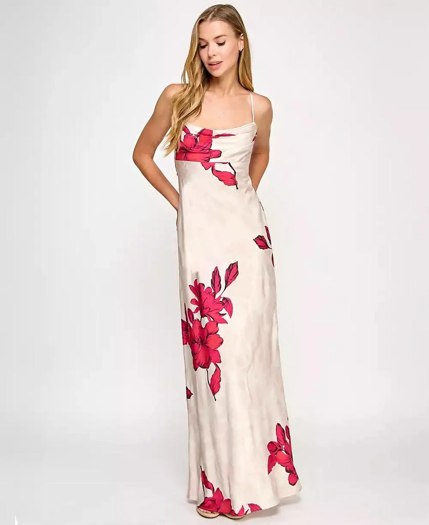 SENI & CADE Juniors' Floral-Print Satin Spaghetti-Strap Gown 3