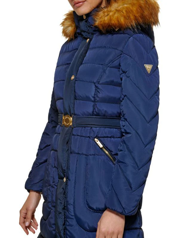 GUESS Faux Fur Trim Belted Puffer Coat 3