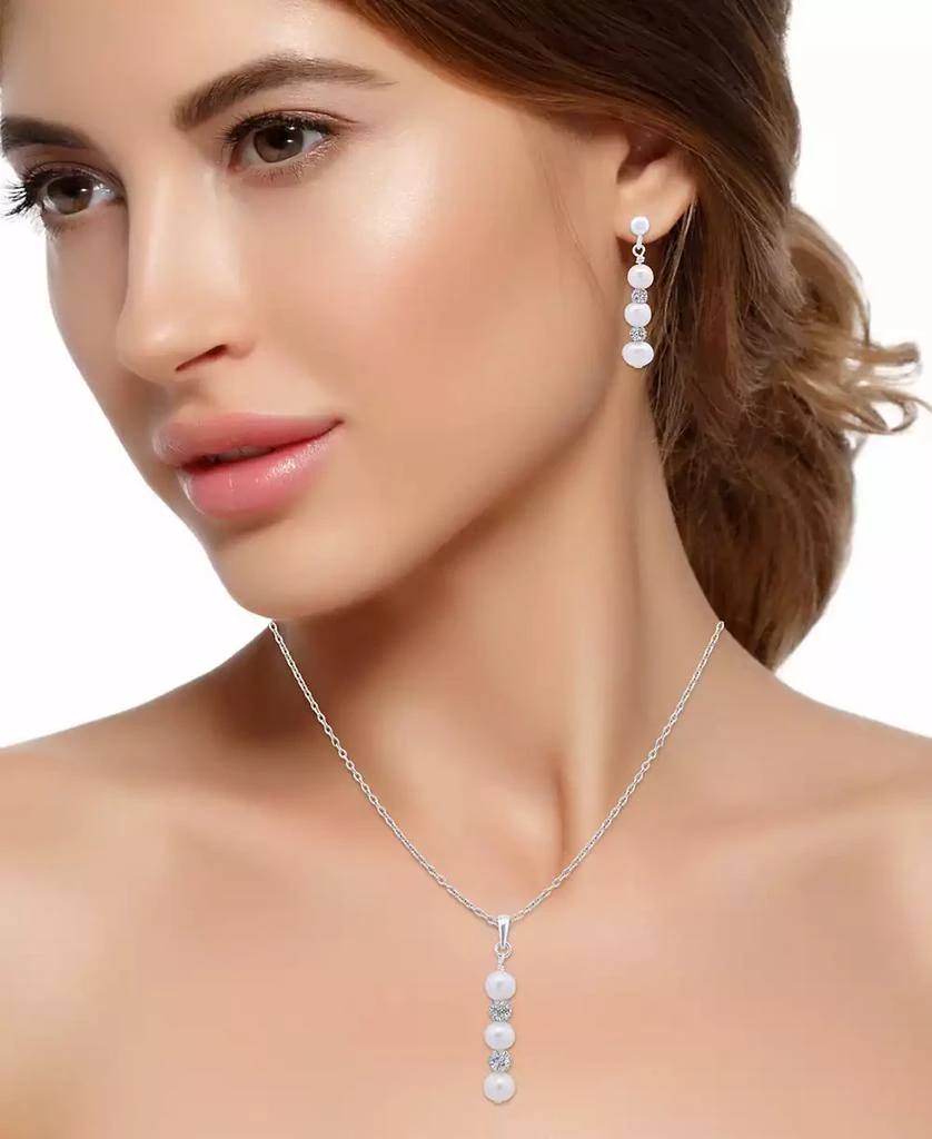 Macy's Cultured Freshwater Pearl (5-7mm) & Crystal Pendant Necklace & Matching Drop Earrings Set in Sterling Silver 3