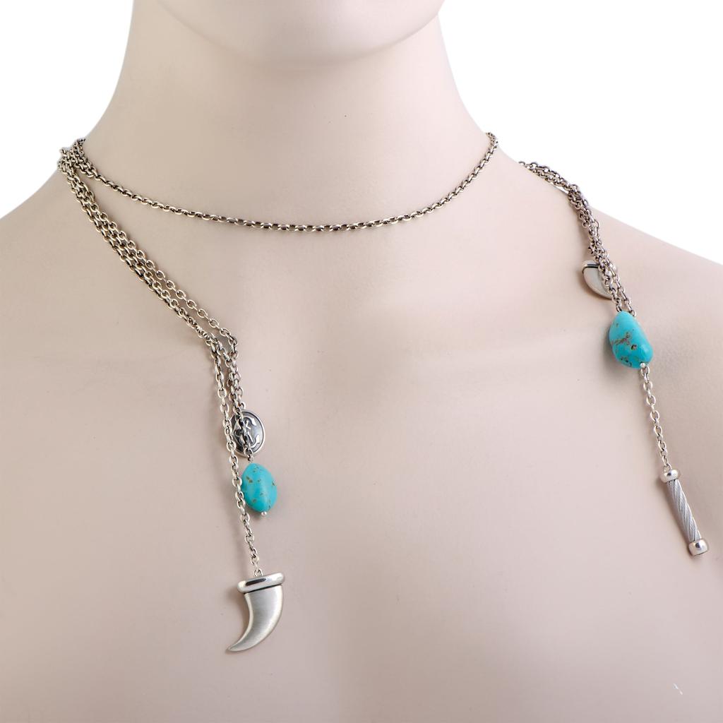 Charriol Kucha Stainless Steel Two Turquoise and Horn Pendants Open Ended Necklace