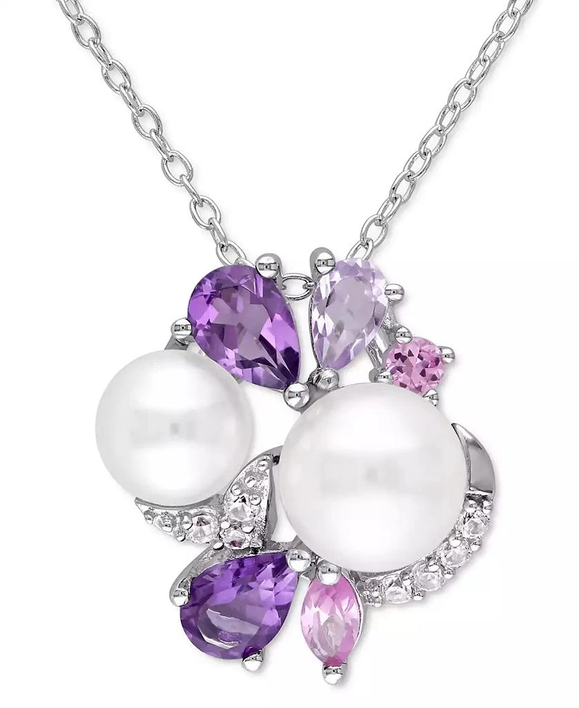 Macy's Cultured Freshwater Pearl (6-1/2 & 7-1/2mm) & Multi-Gemstone (1-3/8 ct. t.w.) Cluster 18" Pendant Necklace in Sterling Silver 1