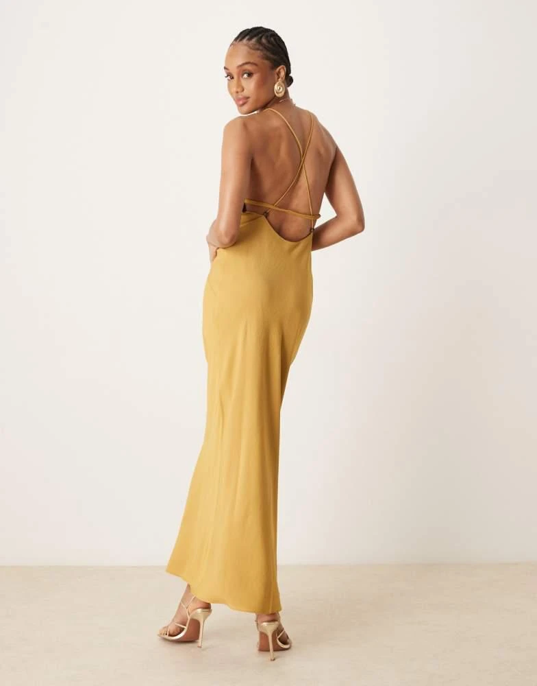 slim fit dress slacks Asos Design Off Shoulder Bardot Tuck Midi Dress In Satin Gold main image 0