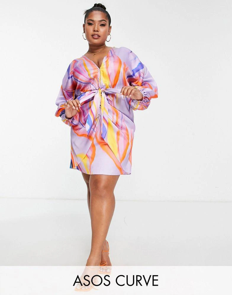ASOS ASOS DESIGN Curve plunge tie front mini dress in purple marble print 1