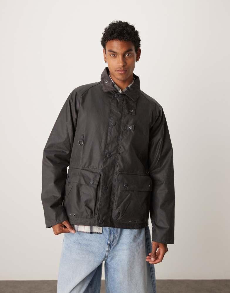 Shop Barbour utility Spey wax jacket in charcoal - GREY on Shop Barbour utility Spey wax jacket in charcoal - GREY on