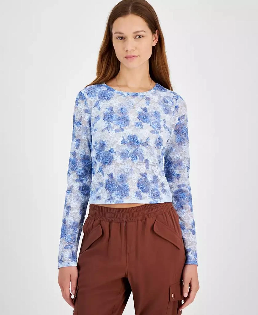Madden Girl Juniors' Floral-Print Cropped Lace Long Sleeve 1