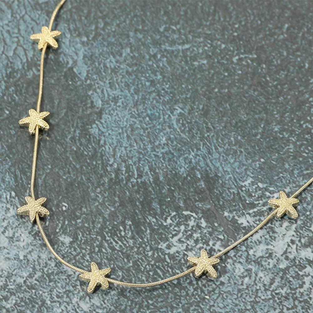 FASHNZFAB Textured Metal Starfish Charm Station Necklace