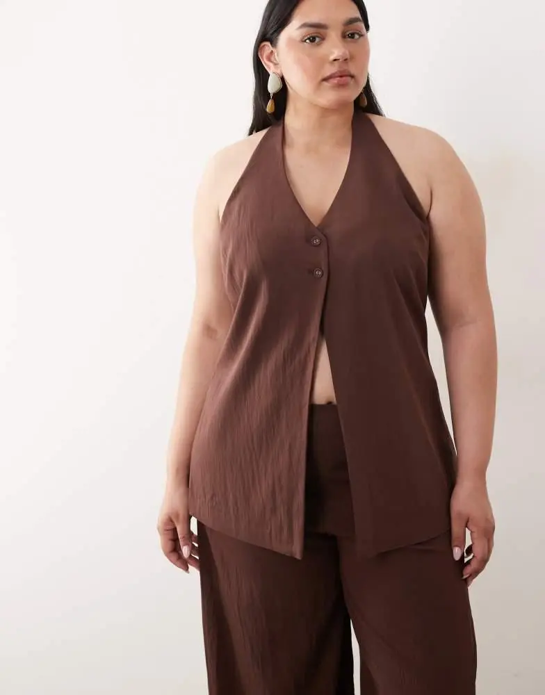 ASOS ASOS DESIGN Curve Tailored halter neck button deal top in brown