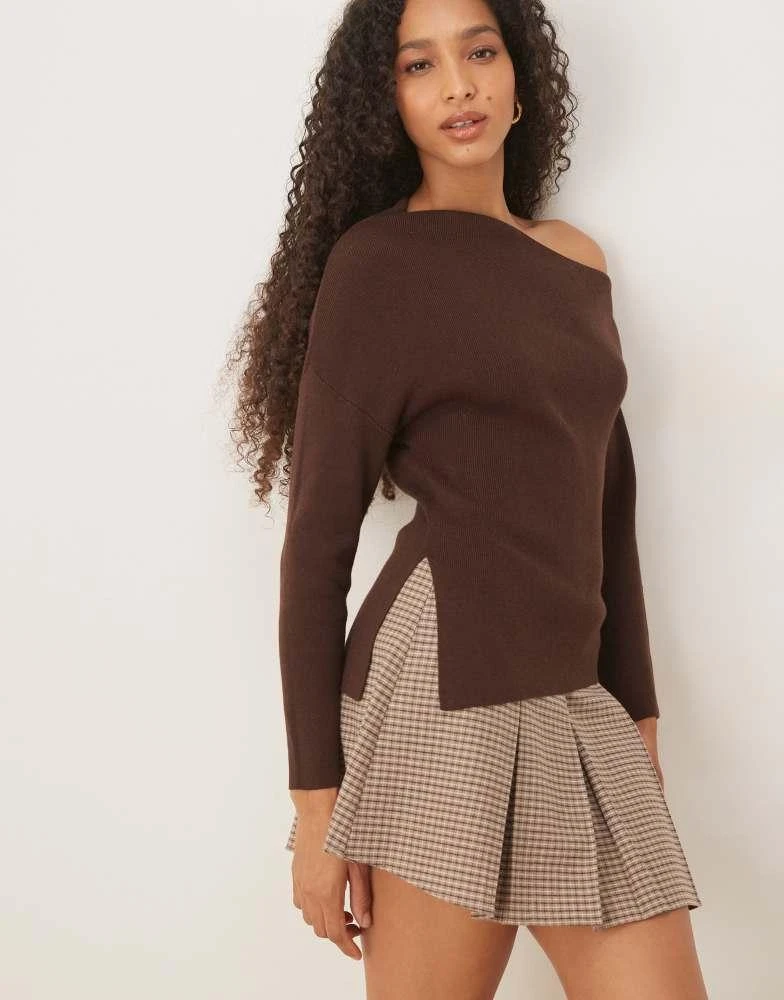 ASOS ASOS DESIGN knitted asymmetric off shoulder top in rib in chocolate 1
