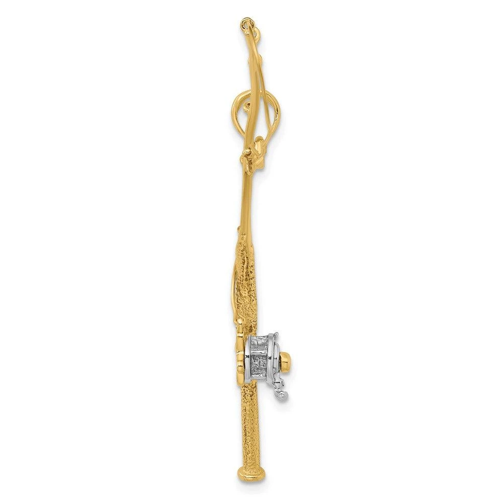 Diamond2Deal 10k Yellow Gold Rhodium 3-D Moveable Fishing Pole Reel Pendant 2