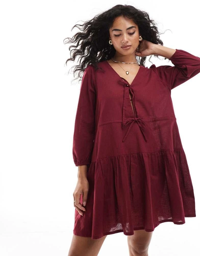 Esme Esmee Exclusive linen mix long sleeve tiered mini tie front Beach dress in cherry Red - Red - UK 8