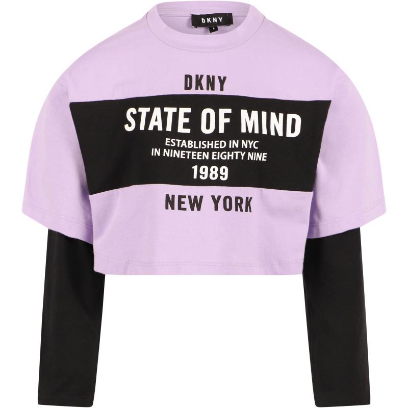 DKNY Kids Two in one cropped long sleeved logo t shirt and newspaper skirt set in lilac black and white