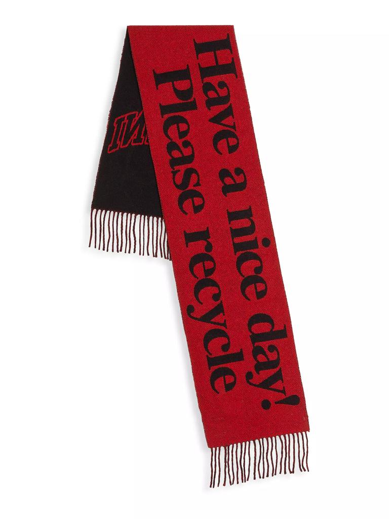 Ganni Slogan Wool Fringe Scarf