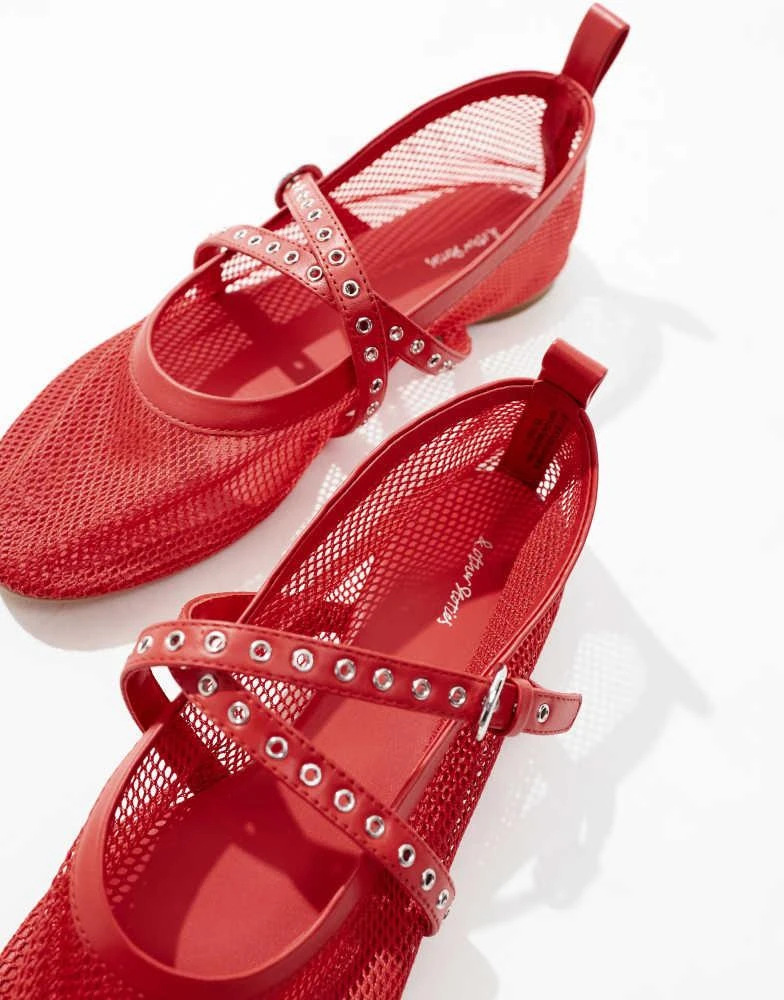 & Other Stories & Other Stories mesh ballerina pumps with cross over studded straps in red 4