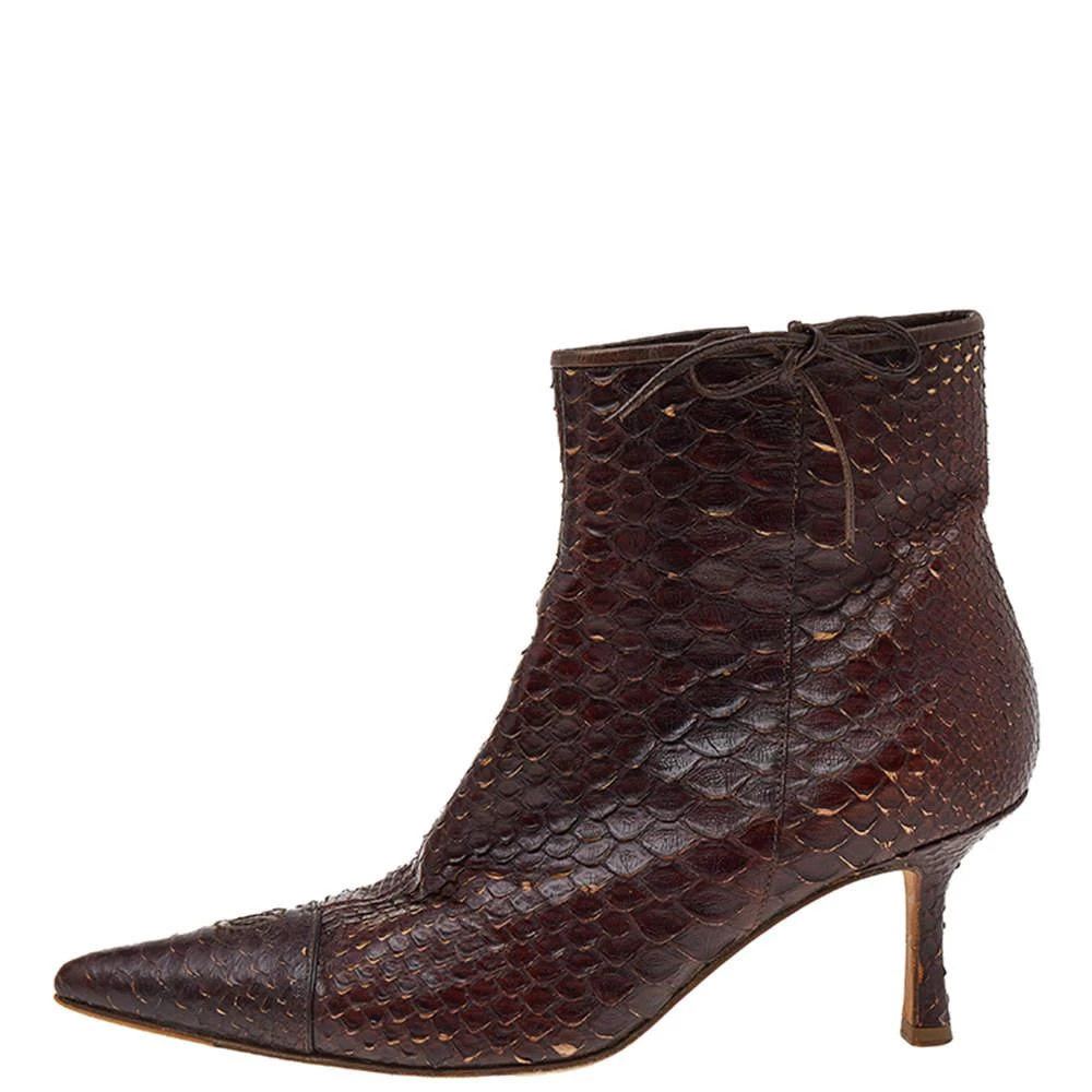 Chanel Chanel Dark Brown Python Leather Pointed Toe Ankle Length Boots Size 38.5 2