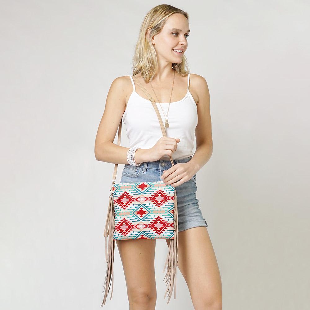 FASHNZFAB Aztec Print Tassel Wristlet Clutch Coral Crossbody Bag