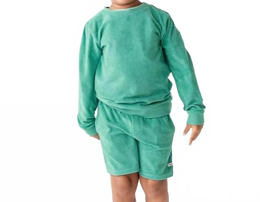 RuffleButts Boy
s Terry Knit Crew Neck Sweatshirt In Ocean Teal
