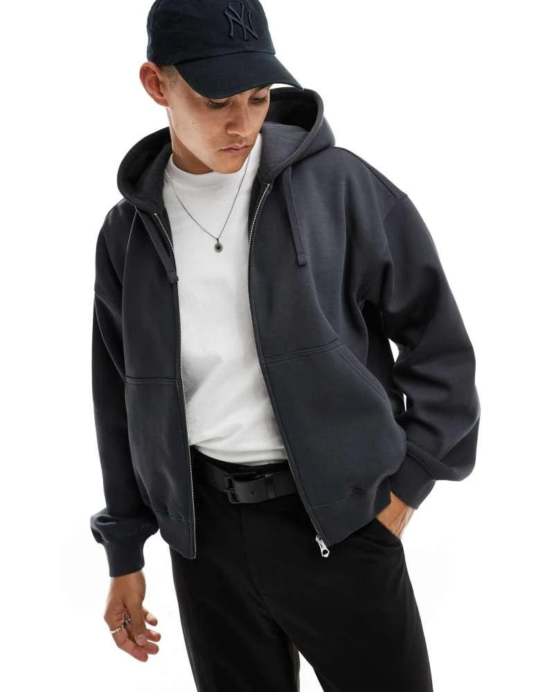 Weekday Weekday boxy fit zip through hoodie in off-black 1
