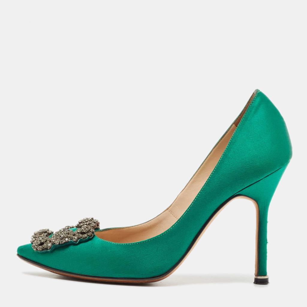 Manolo Blahnik Manolo Blahnik Green Satin Hangisi Crystal Embellished Pumps Size 34.5