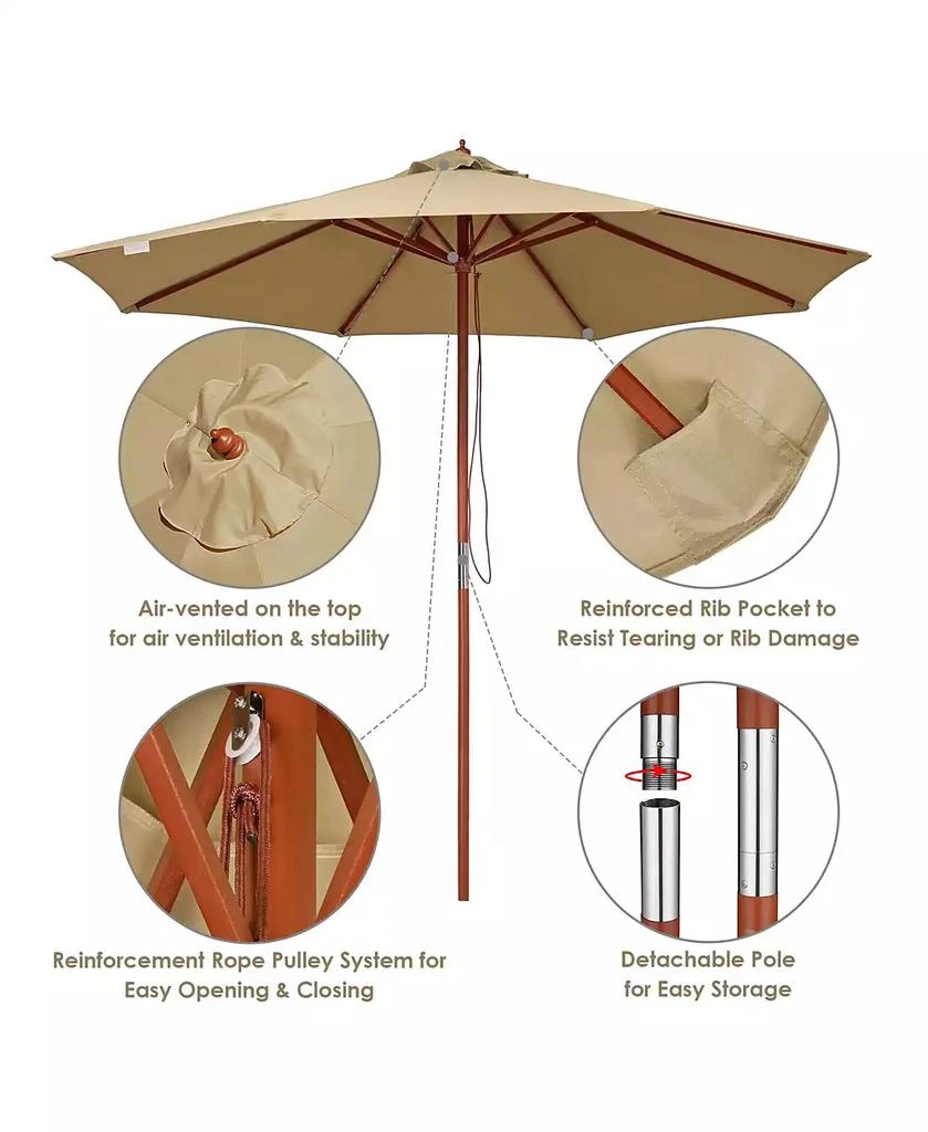 Yescom 9ft Solid Wood Outdoor Patio Umbrella with Base Included Parasol Wheels Stand for Bistro Market Garden Deck Yard Poolside Tan 4