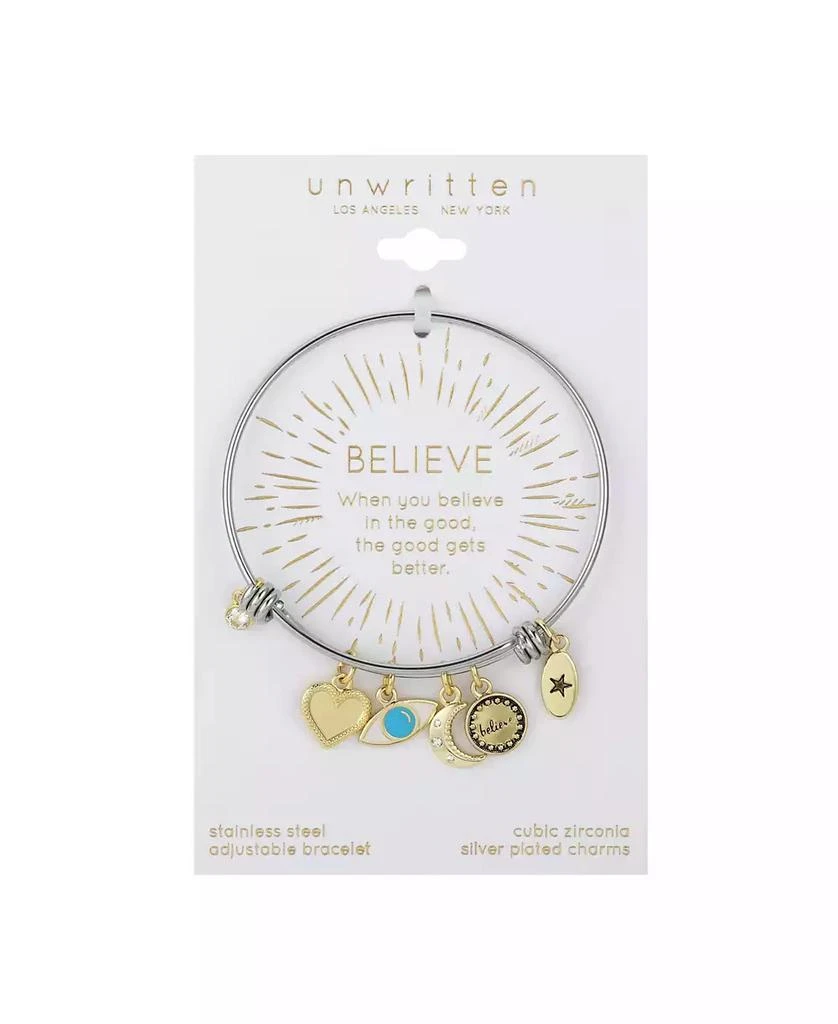 Unwritten Believe Evil Eye Adjustable Bangle Bracelet In Stainless Steel and Gold Flash Plated Charms 2