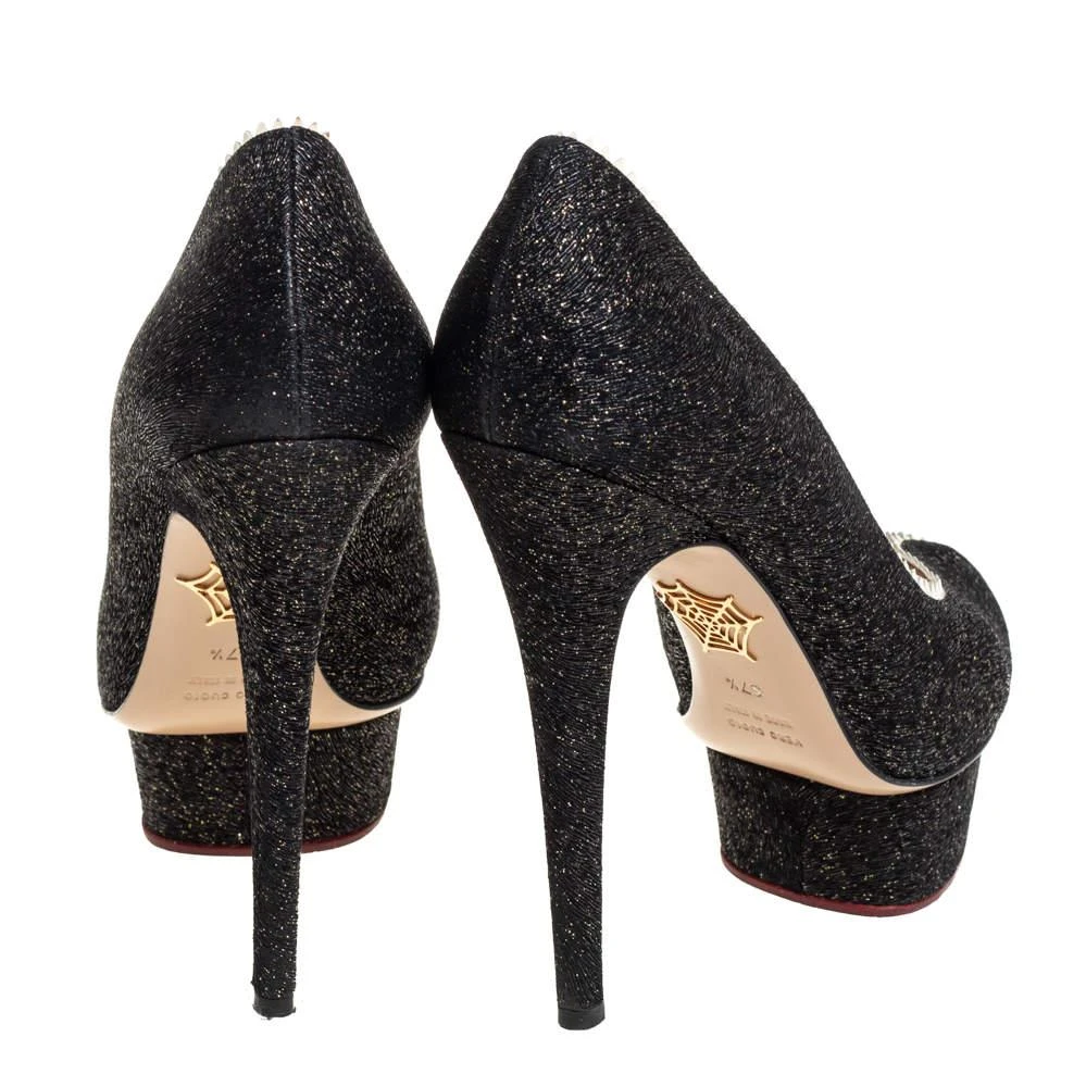 Charlotte Olympia Charlotte Olympia Black Glitter And Patent Leather Scalloped Trim Peep Toe Platform Pumps Size 37.5 5