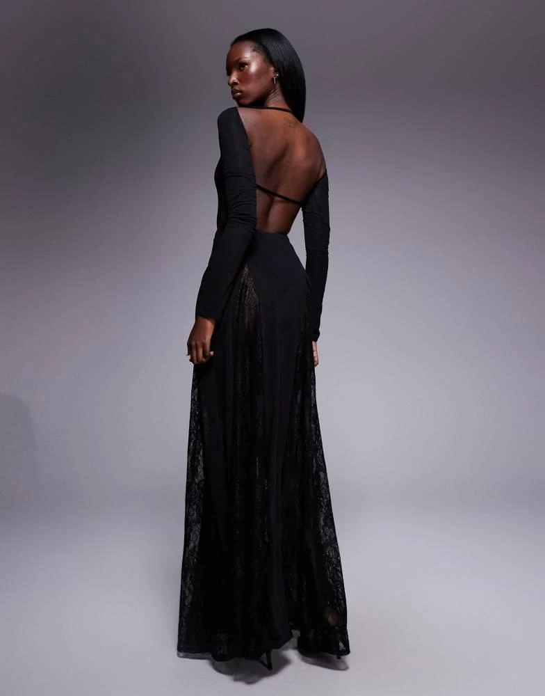 ASOS Design long sleeve sheer maxi dress with lace panel godets and bodysuit in Black ASOS Design long sleeve sheer maxi dress with lace panel godets and bodysuit in Black