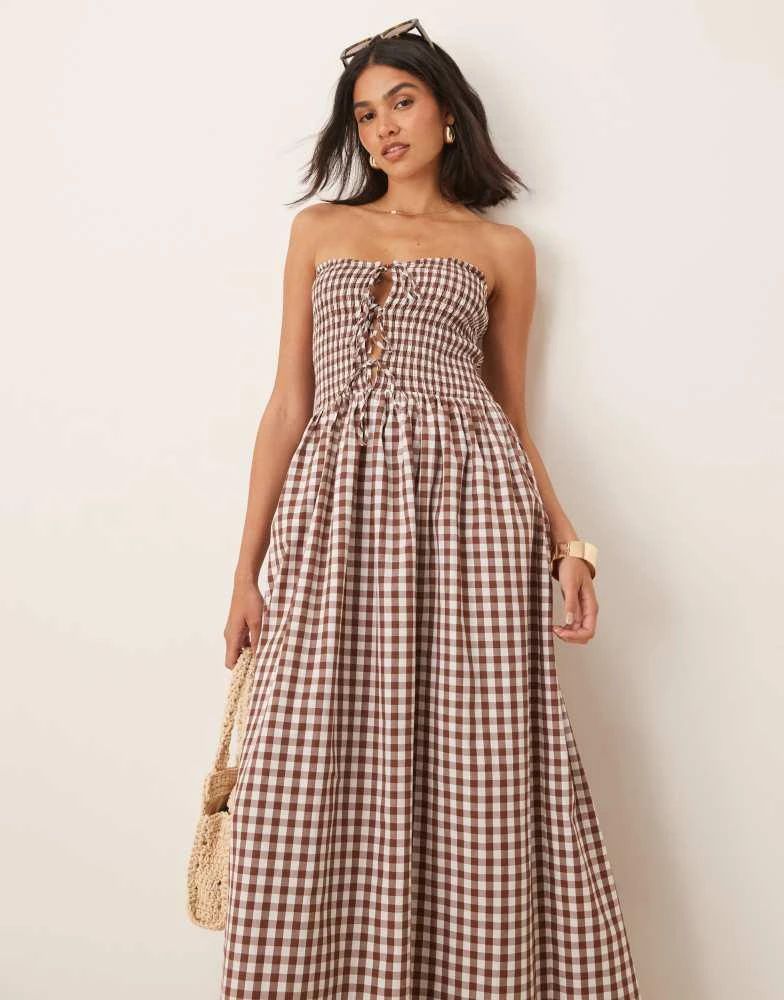 ASOS ASOS DESIGN shirred tie front bandeau maxi dress in chocolate gingham 4