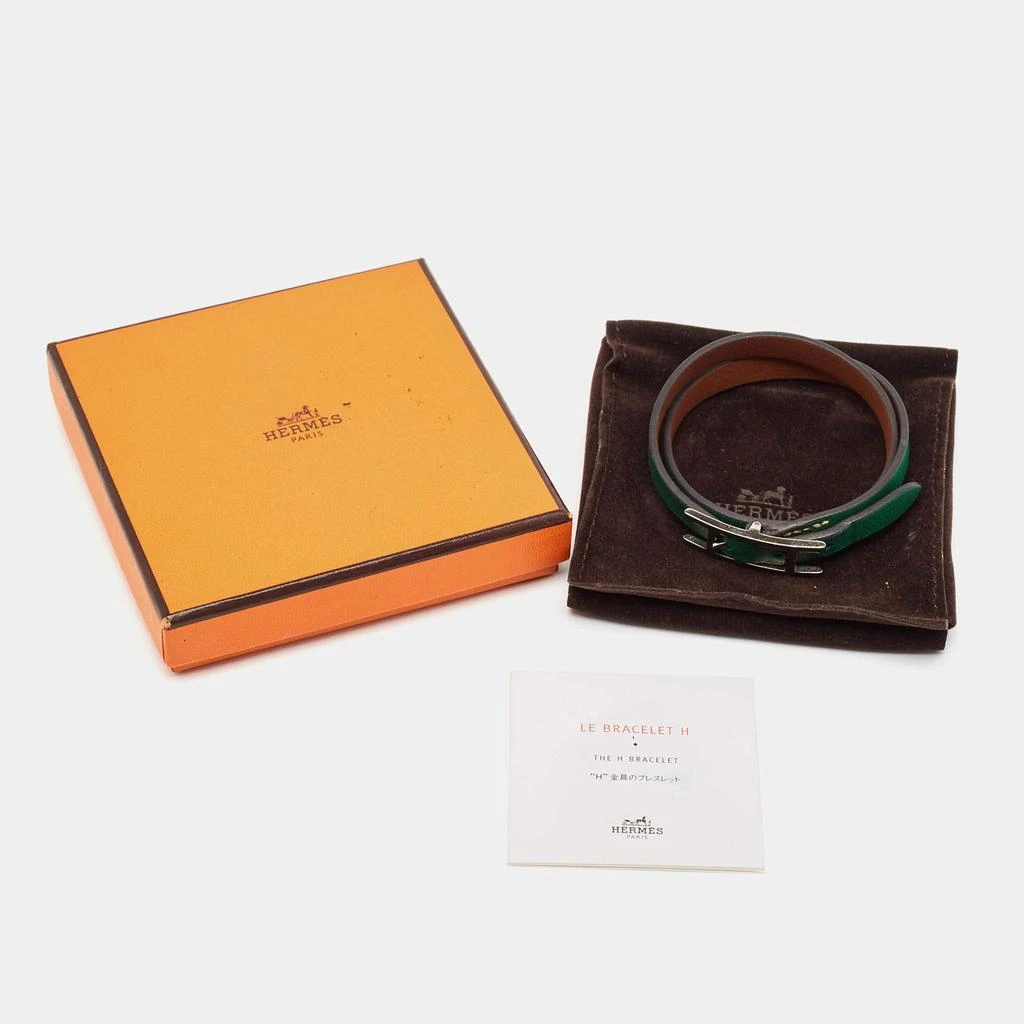 Hermes Hermes Behapi Green Leather Palladium Plated Tone Double Tour Bracelet 4