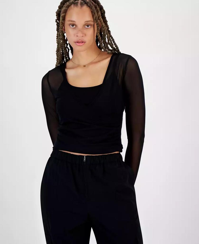 Ultra Flirt Juniors' Mesh Surplice-Neck Long-Sleeve Two-Fer