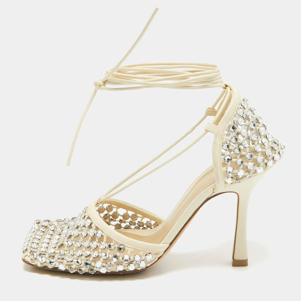 Bottega Veneta Cream Crystal Embellished Mesh Stretch Ankle Tie