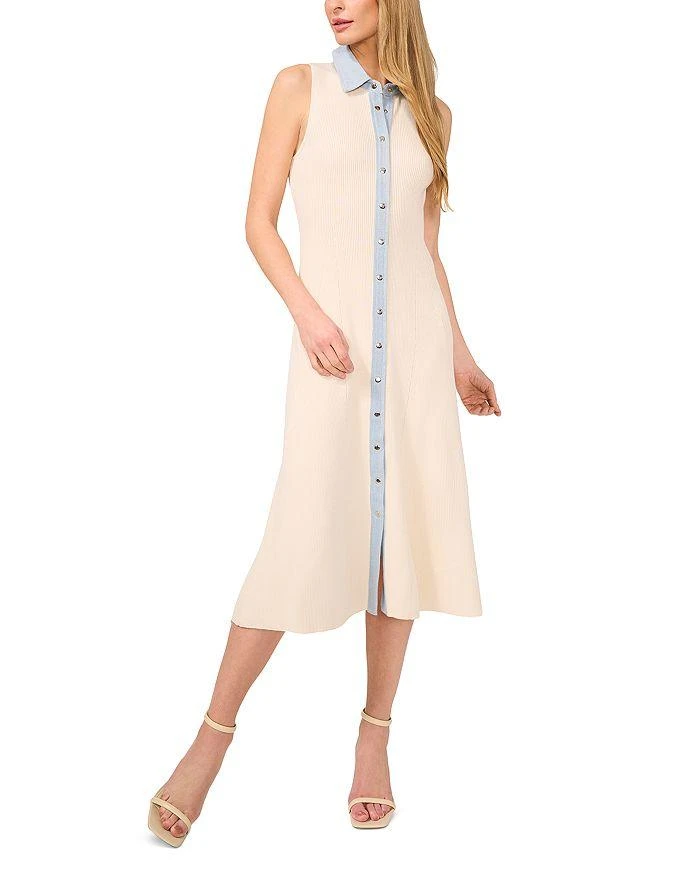 CeCe Denim Trim Ribbed Midi Dress 1