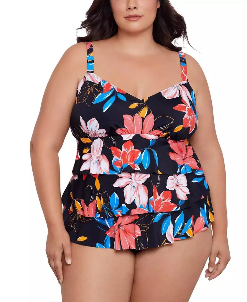 Swim Solutions Plus Size Tiered Floral-Print One Piece, Created for Macy's 1