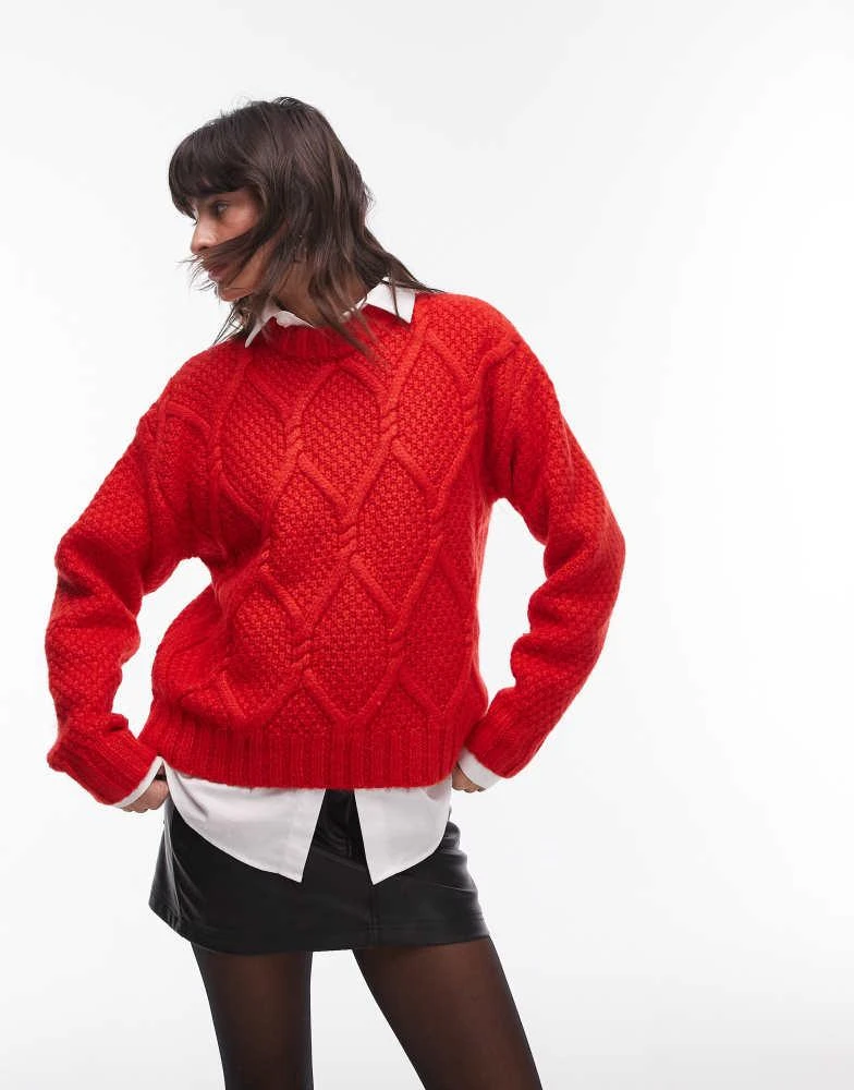 Topshop Topshop knitted chunky twist cable crew neck oversized jumper in red 1