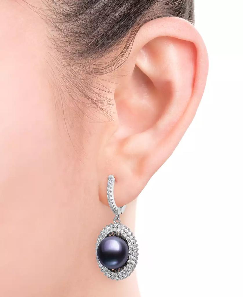 Belle de Mer Peacock Black Cultured Freshwater Pearl (10mm) & Cubic Zirconia Halo Drop Earrings in Sterling Silver (Also in White Cultured Freshwater Pearl)