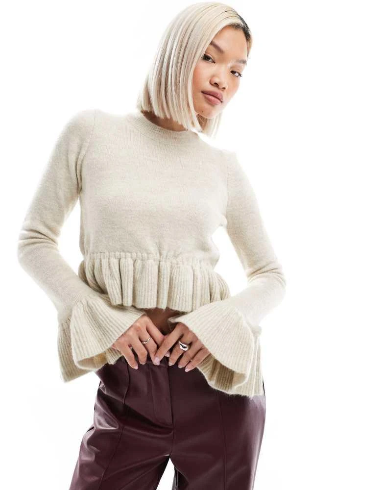 ASOS ASOS DESIGN knitted ruffle crop jumper in stone 1