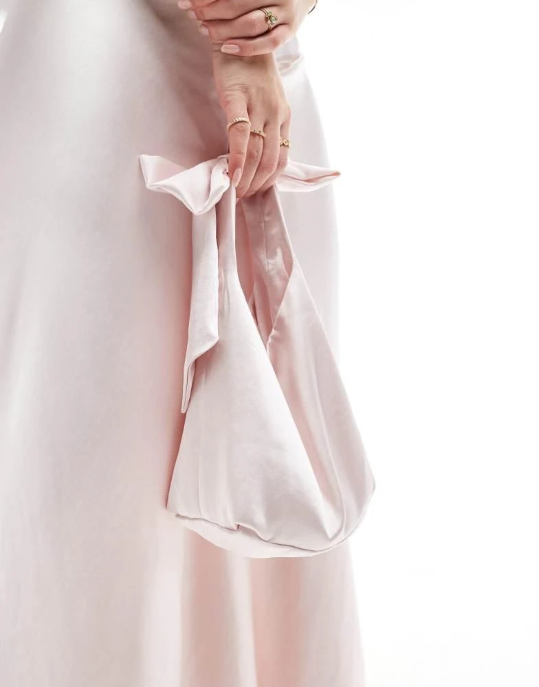 Six Stories Six Stories Bridesmaid satin bow pouch bag in powder pink 3