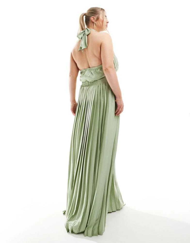 TFNC Plus TFNC Plus Bridesmaid satin pleated halter neck maxi dress with full skirt in sage 3