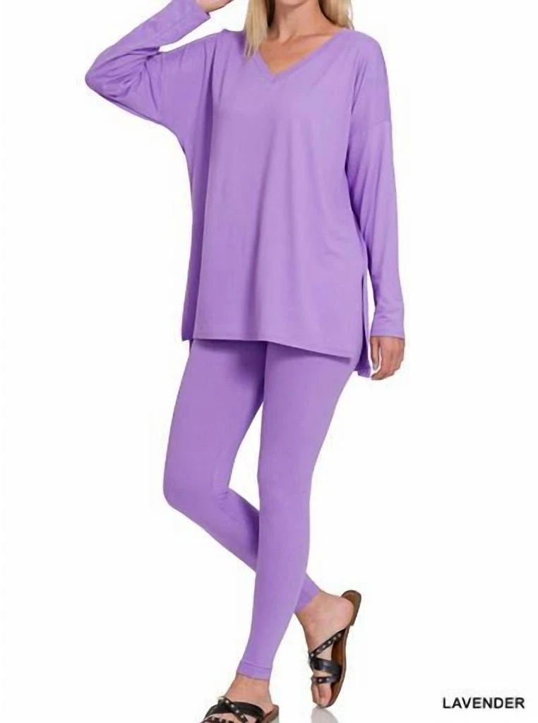 ZENANA V Neck Lounge Sets In Lavender 1