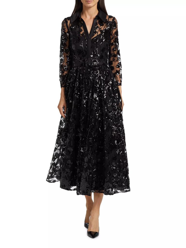 Badgley Mischka Sequined Floral Lace Shirtdress