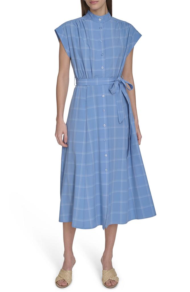 Calvin Klein Windowpane Plaid Cap Sleeve Midi Shirtdress