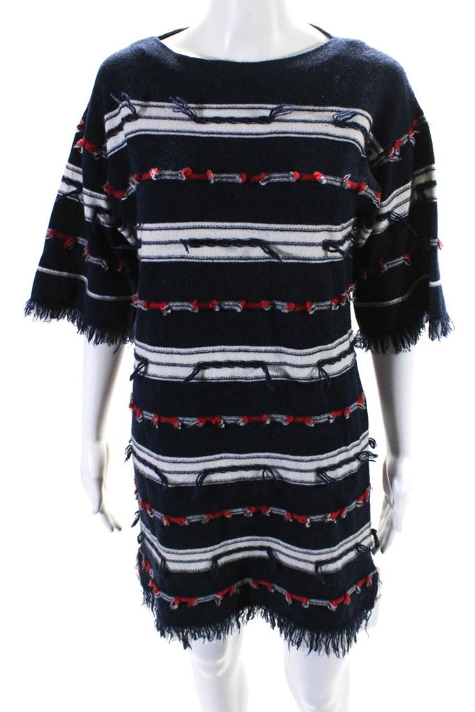 Barrie Womens Striped Short Sleeves Sweater Dress Navy Blue