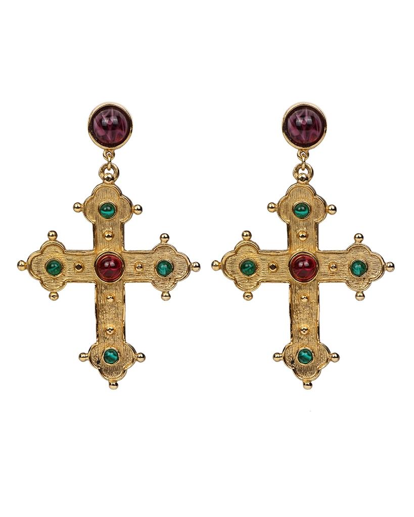 BEN-AMUN 24k Gold Electroplated  Ruby And Emeraldamy Cross Earrings