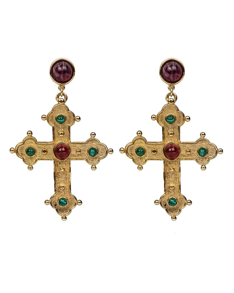 BEN-AMUN 24k Gold Electroplated  Ruby And Emeraldamy Cross Earrings 1