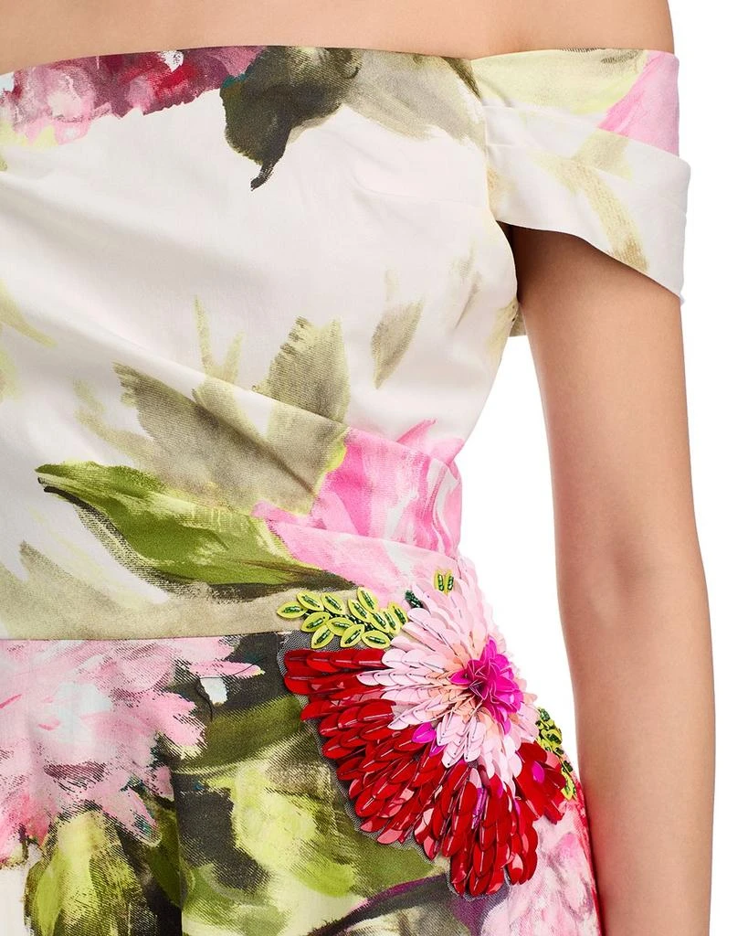 Teri Jon Off-the-Shoulder Cotton Dress with Beaded Flower Waist 3