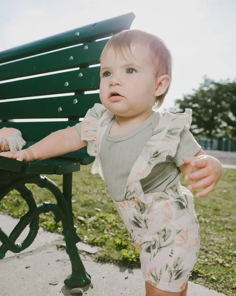 Deux par Deux Pointelle Onesie and Cotton Muslin Shortall Set Green and Peach Deer Print 2