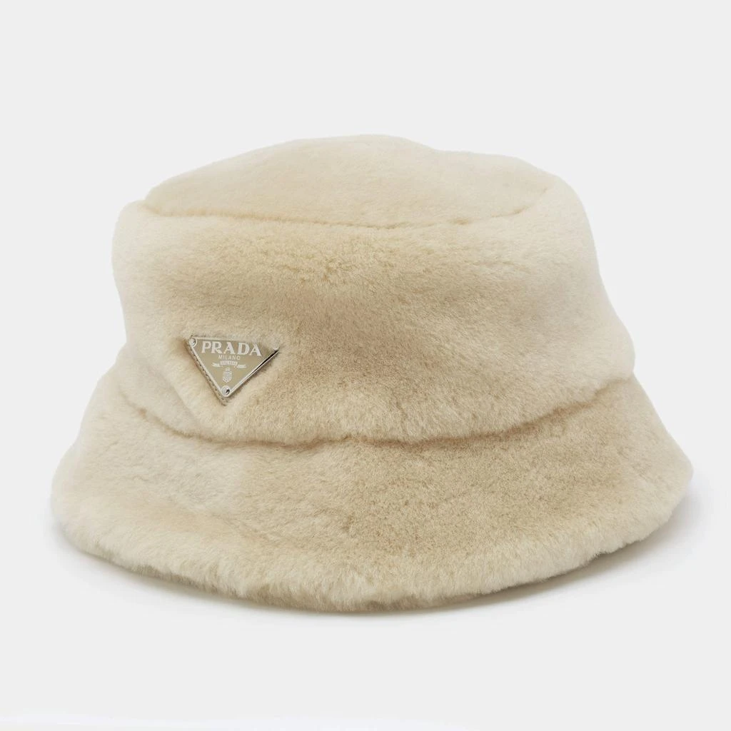 Prada Prada Cream Shearling Logo Plaque Bucket Hat S 1