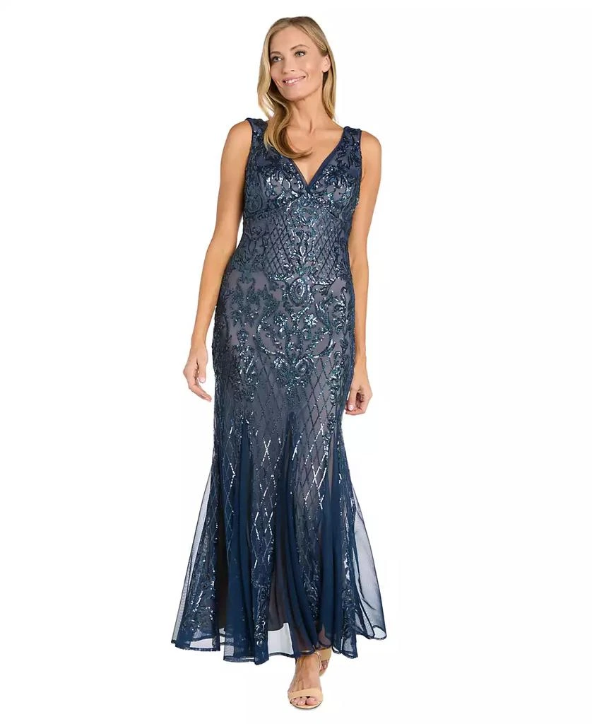 R & M Richards Women's Beaded Godet-Mesh V-Neck Gown 1