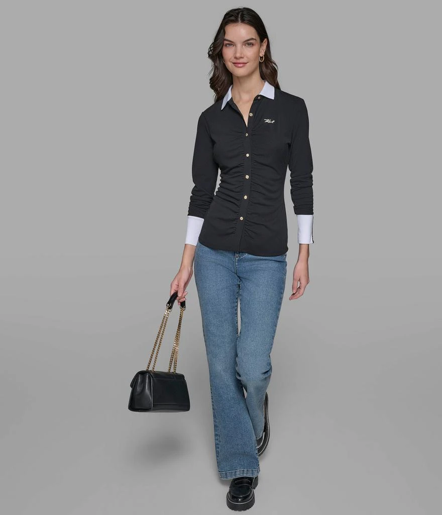 Karl Lagerfeld Paris LONG SLEEVE RUCHED KNIT BUTTON DOWN 8